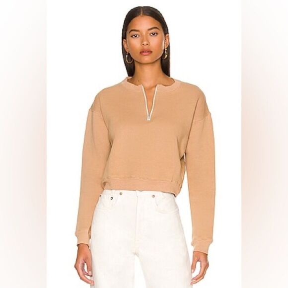 MONROW Tan Cropped Crewneck Sweatshirt Pullover Half Zip Boxy Casual Size XL New - Picture 1 of 13